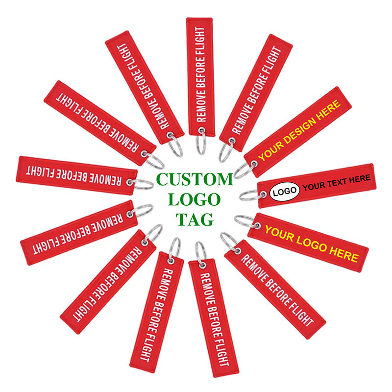 logo finish examples for flight tags: embroidery, print, woven