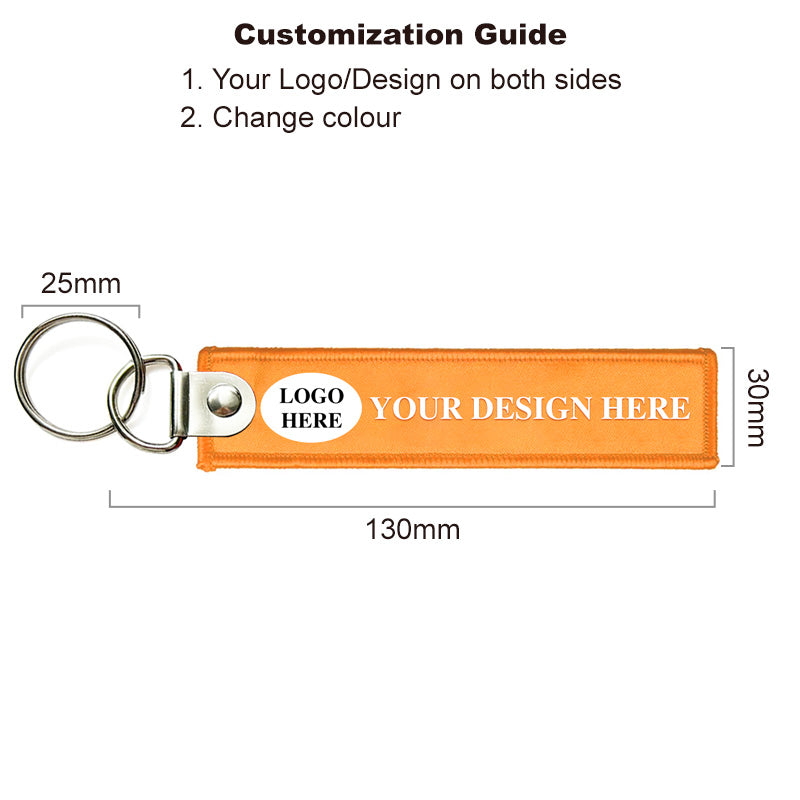 orange embroidered flight tag with size details and logo options