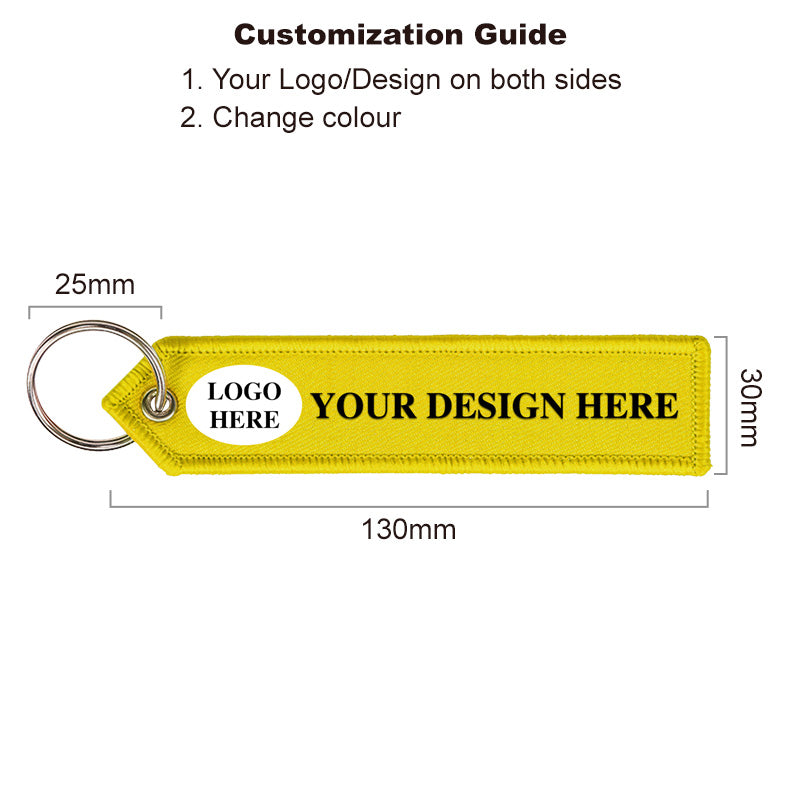 yellow jet tag with size reference and customizable embroidery