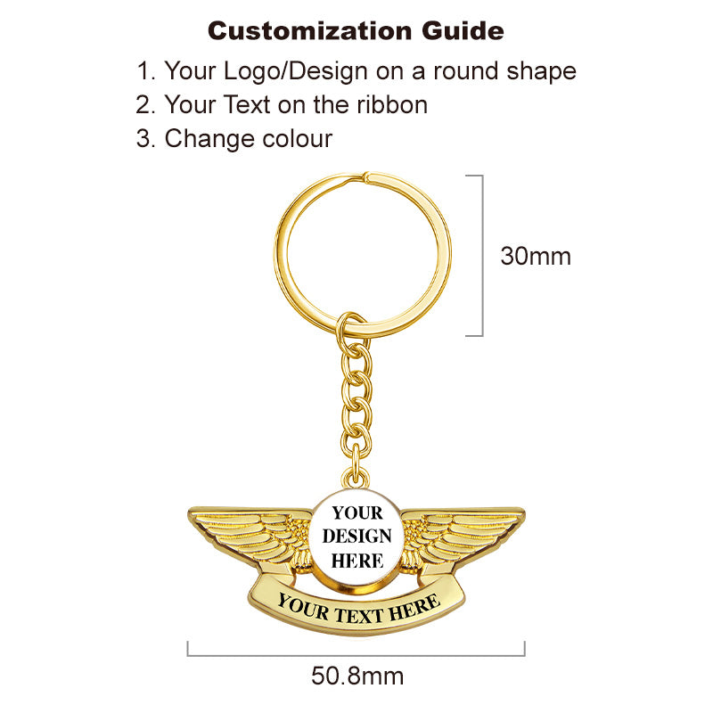 gold custom 3D pilot wings keychain with sculpted detail and shine