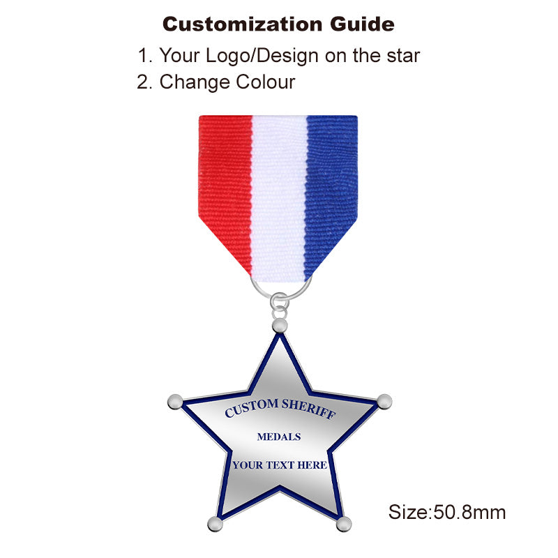 Silver 5-Point Star Sheriff Medal with circular center for law enforcement style seal, ideal cadet recognition or deputy sheriff medal