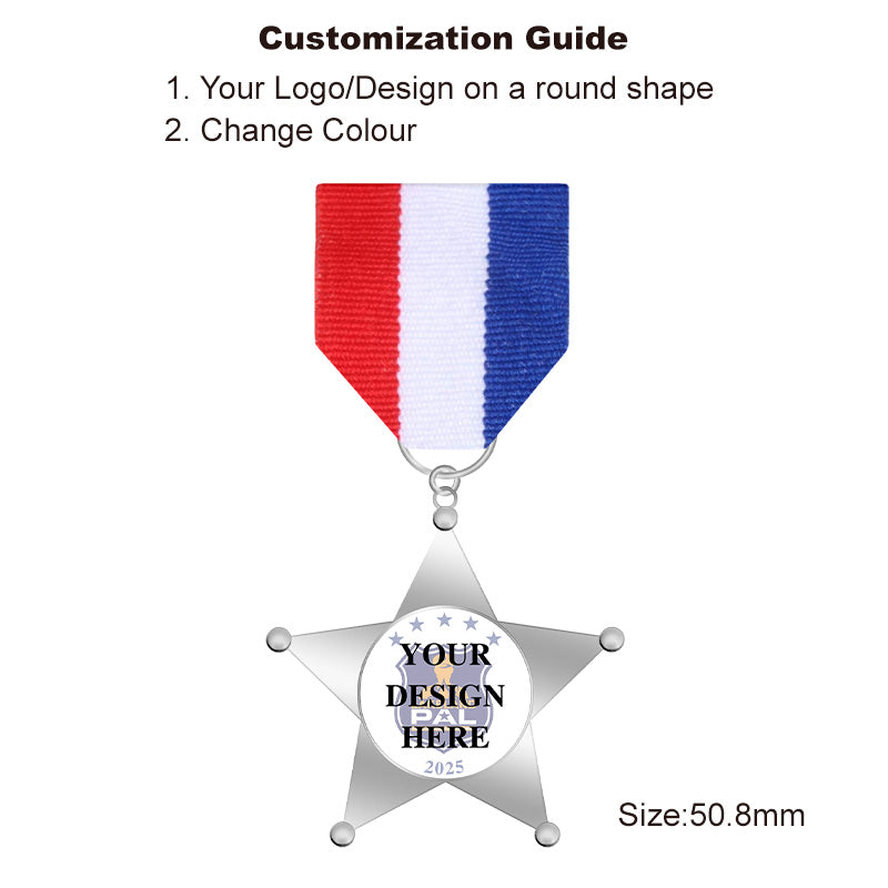 Silver 5-Point Star Law Enforcement Style Medal without center, customizable youth sheriff medal for programs or commemorative gifts