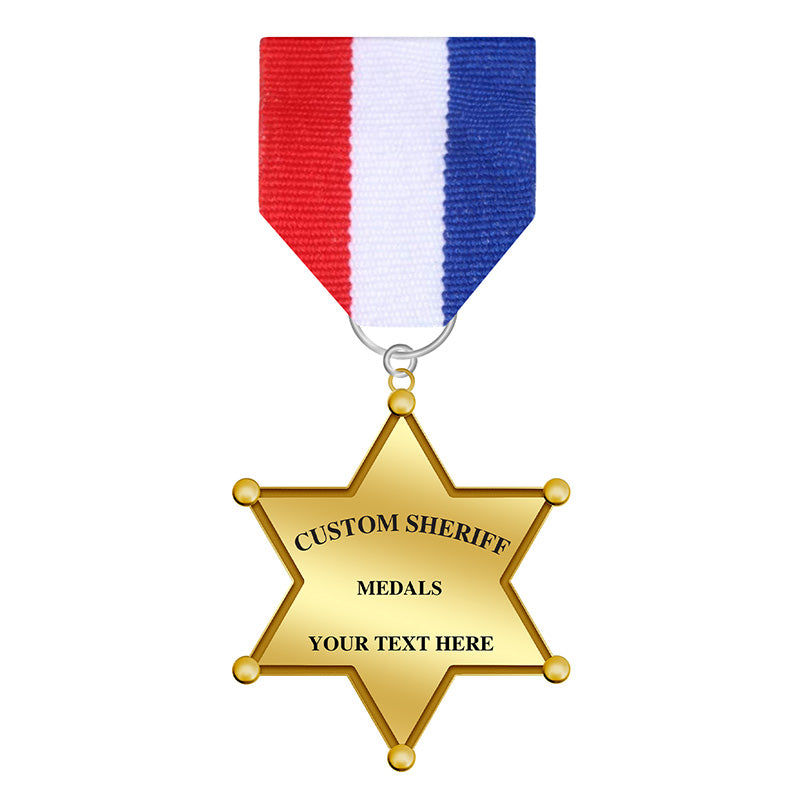 Gold 6-Point Star Sheriff Medal with round center, customizable seal or name badge for junior cadet or law enforcement programs
