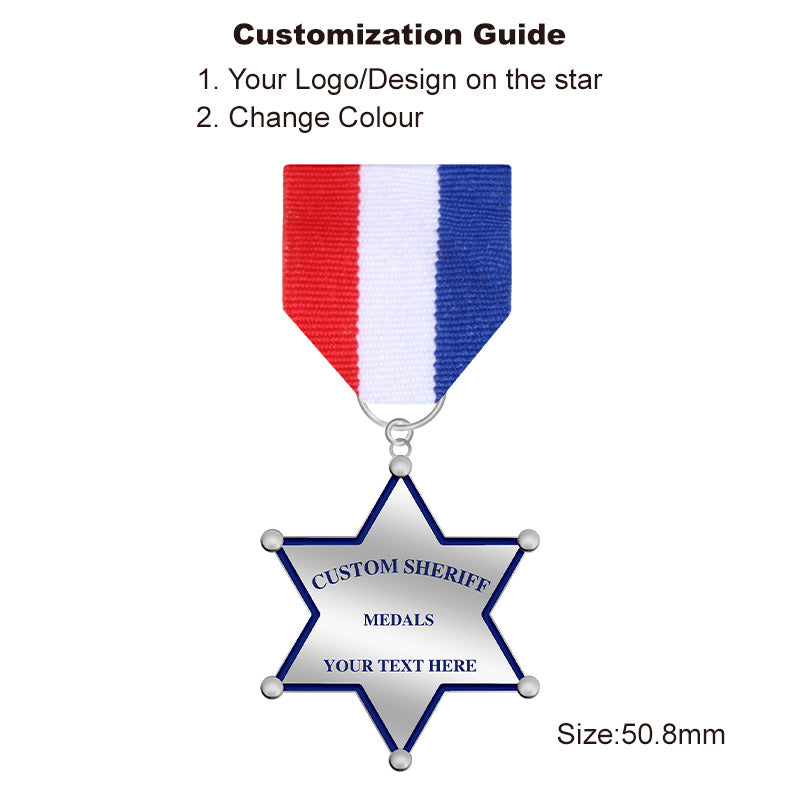 Silver 6-Point Star Law Enforcement Medal with UV seal area, great for replica badges or cadet honor recognition