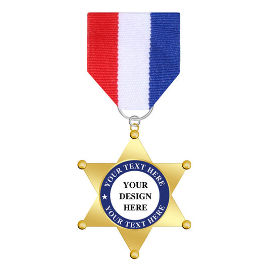 Gold Fully Customizable 6-Point Star Medal without circle, law enforcement commemorative award or tactical unit prop use