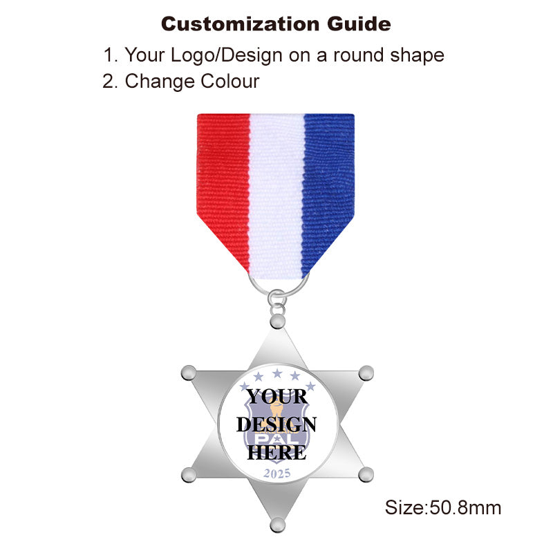 Silver Custom 6-Point Star Sheriff Medal with no fixed center, ideal for personalized badge awards or replica prop medal uses