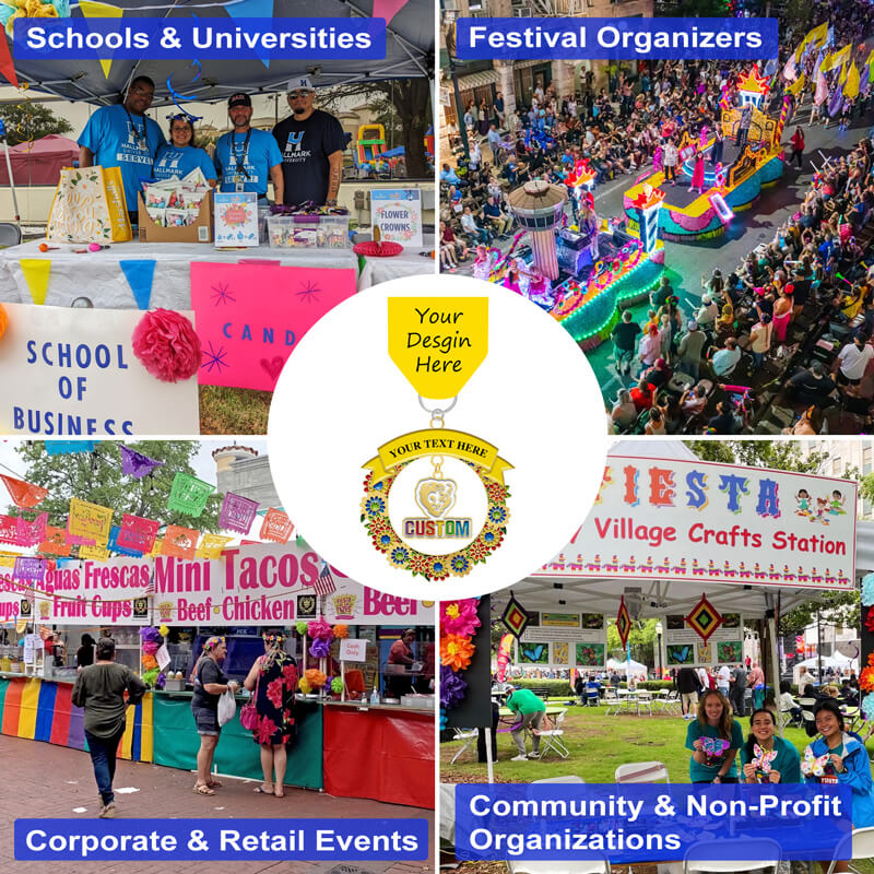 Personalized fiesta medals dangler charm in gold with a shield shape and design placeholder, showcased for schools, festivals, corporate, and community events.