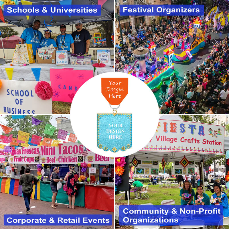 Personalized glitter fiesta medals for schools, festivals, corporate, and community events with placeholder areas for your design and text.