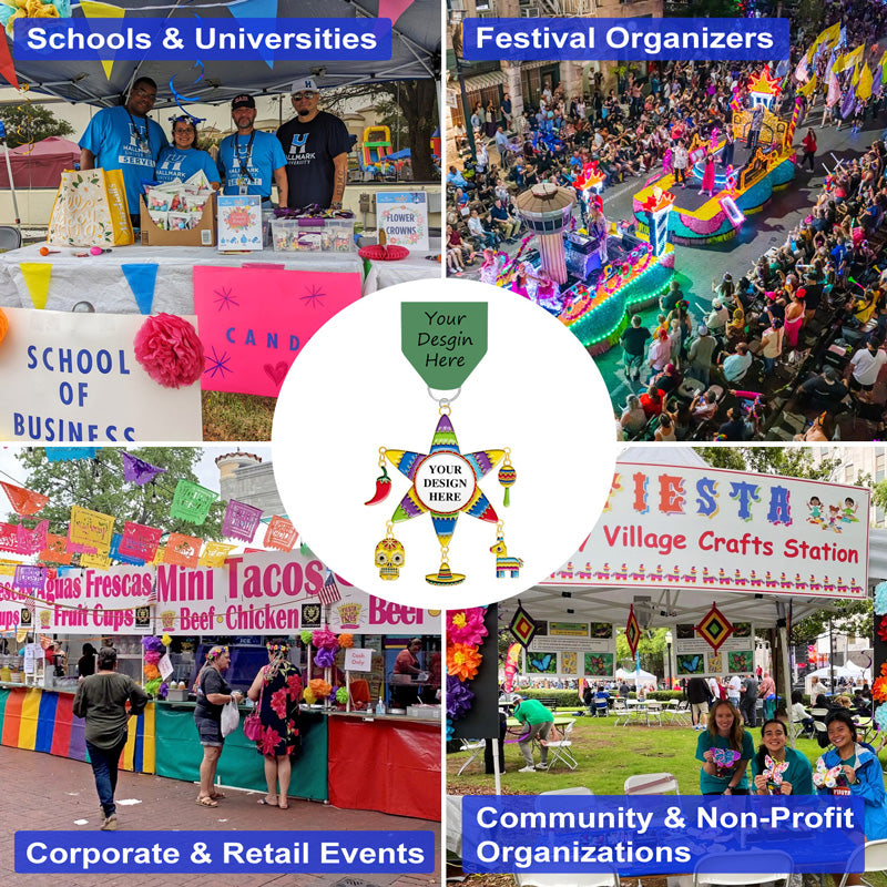 Personalized fiesta medals with star danglers for schools, festivals, food stands, and community events featuring placeholder for your design.