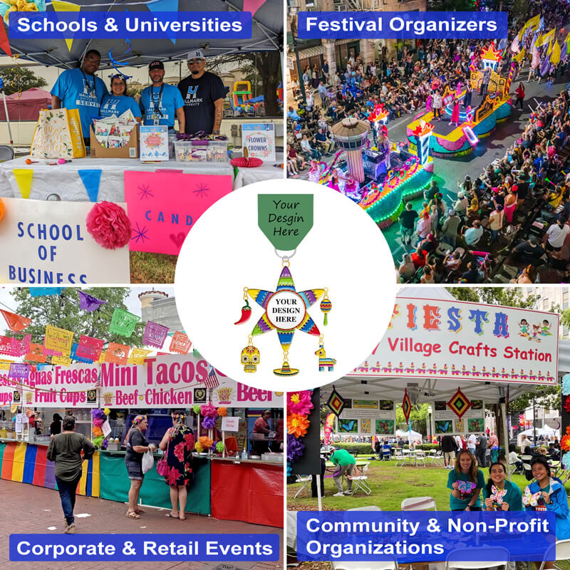 Personalized fiesta medals with star danglers for schools, festivals, food stands, and community events featuring placeholder for your design.