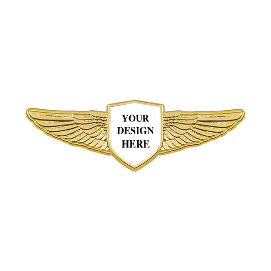 Gold Air Force Wings Pin with Custom Shield Logo - 2.75 inch