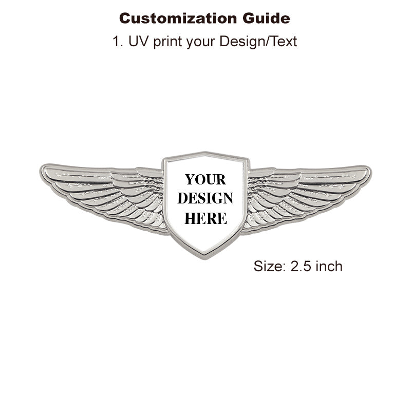 Silver Air Force Wings Pin with Custom Shield Logo - 2.75 inch