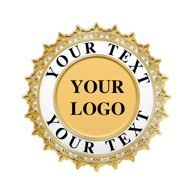 Custom gold fleur de lis pin featuring your logo and text