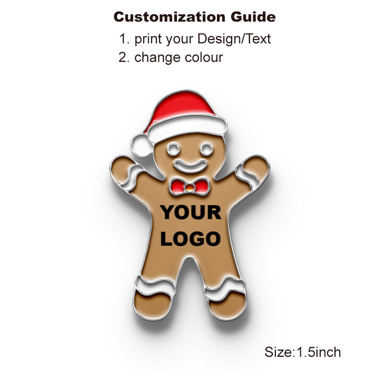 Customizable Christmas lapel pin in elegant silver. Features a charming gingerbread man, ideal for corporate holiday gifts.