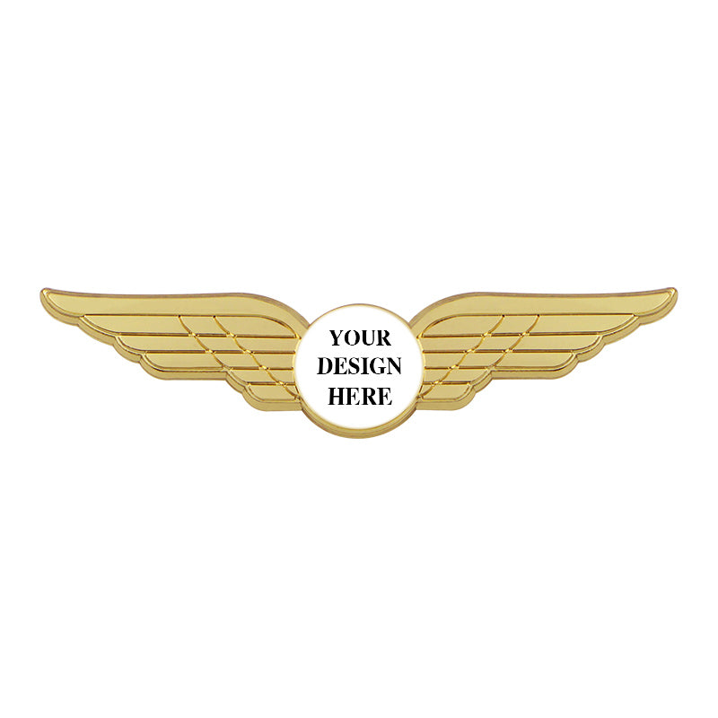 Gold Plated Pilot Wings Pin with Custom Round Logo - 3 inch
