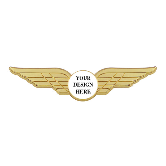 Gold Plated Pilot Wings Pin with Custom Round Logo - 3 inch