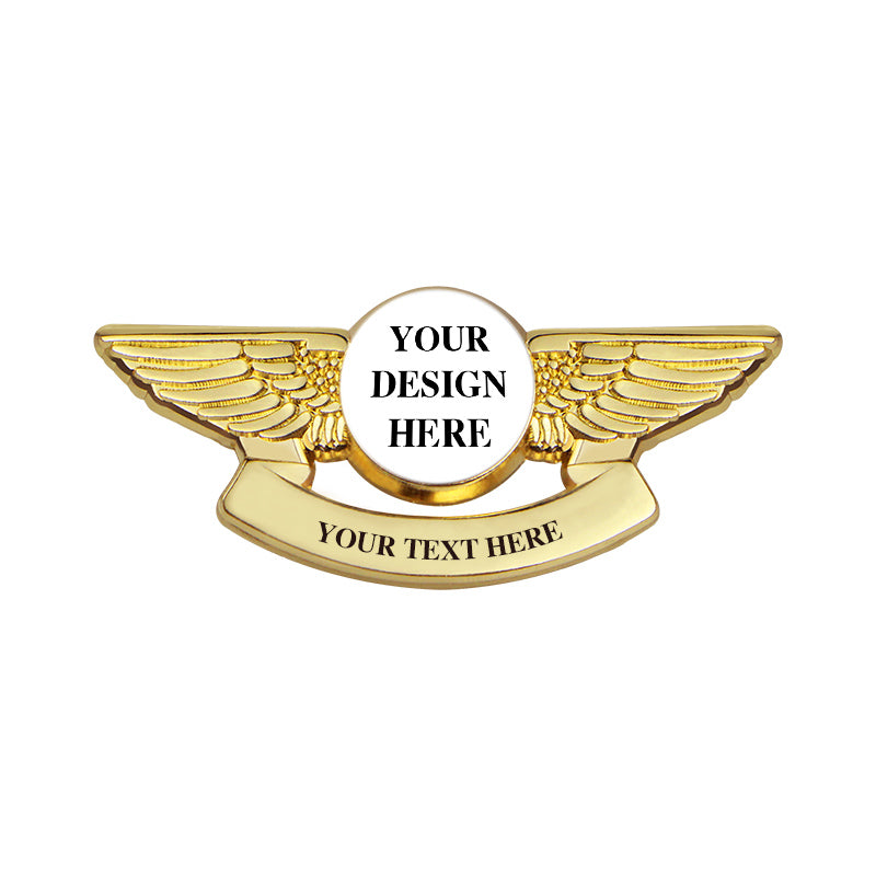 Pilot Wings Pin with Custom Round Logo Bottom Text - 2 inch