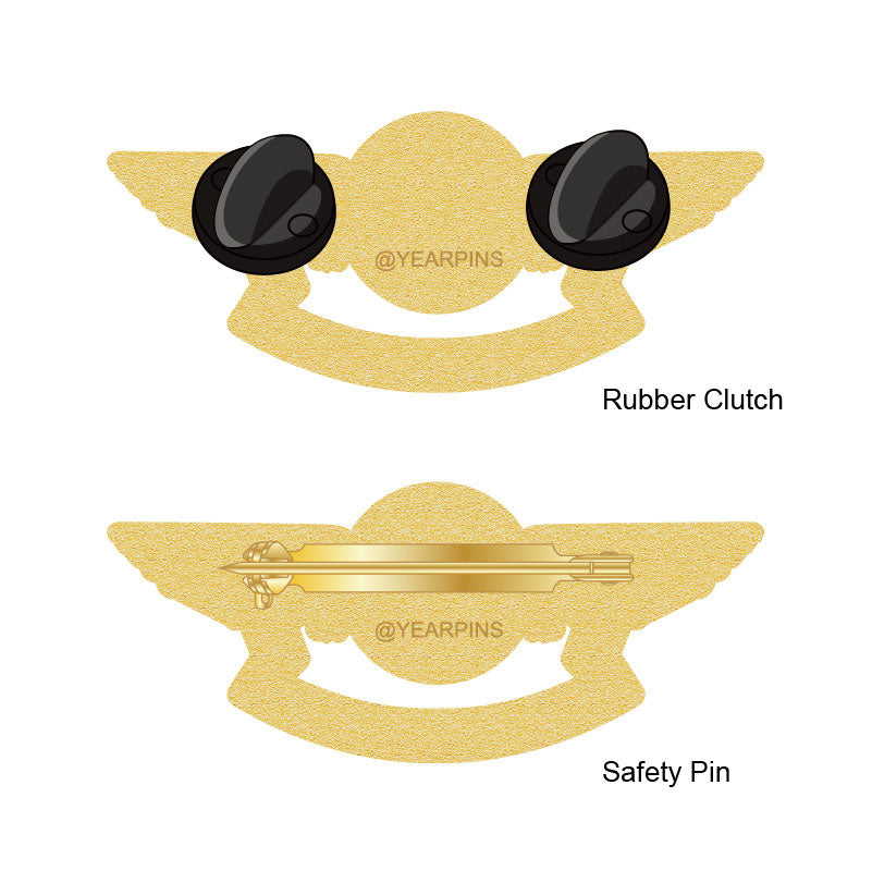Pilot Wings Pin with Custom Round Logo Bottom Text - 2 inch