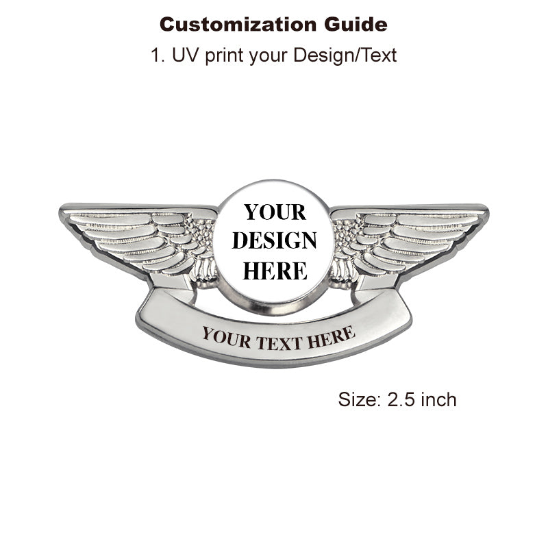 Pilot Wings Pin with Custom Round Logo Bottom Text - 2 inch