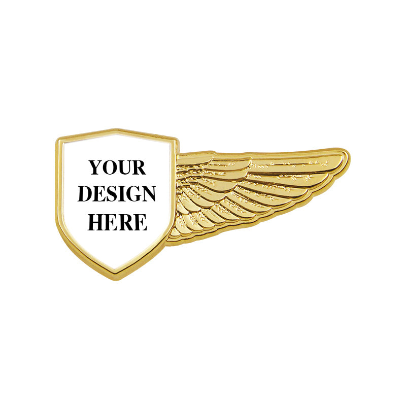 Gold Pilot Wings Pin with Custom Shield Logo - Half Wing 1.75 inch