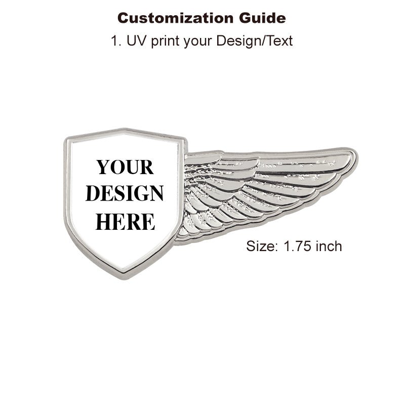 Silver Pilot Wings Pin with Custom Shield Logo - Half Wing 1.75 inch