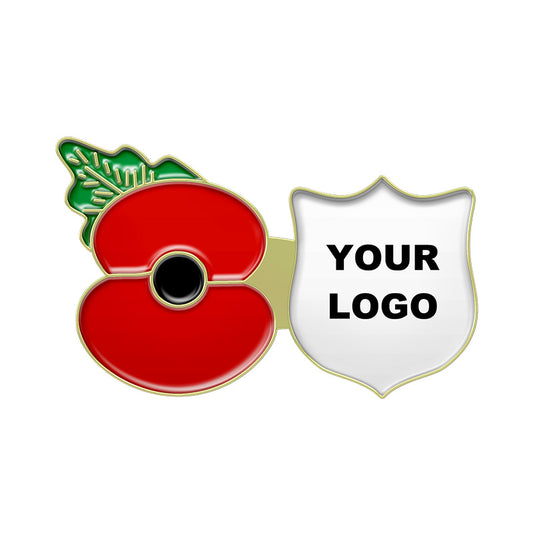 Gold Poppy Pin with Custom Shield Logo
