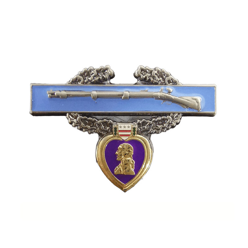 Custom purple heart veteran lapel pin featuring a silver rifle on blue rectangular base, laurel wreath, heart-shaped medal with George Washington portrait, small shield with stars and stripes, and custom text.