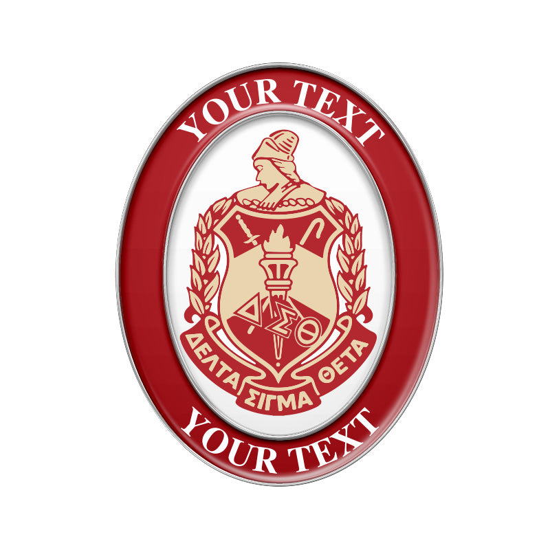 The custom Delta Sigma Theta oval pin design, shows a red and silver emblem with a sisterhood silhouette