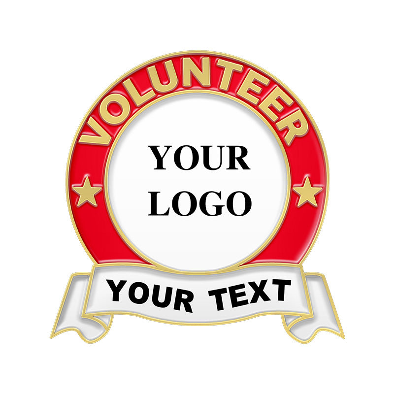 Red Enamel Volunteer Pin with Custom Round Logo - Gold