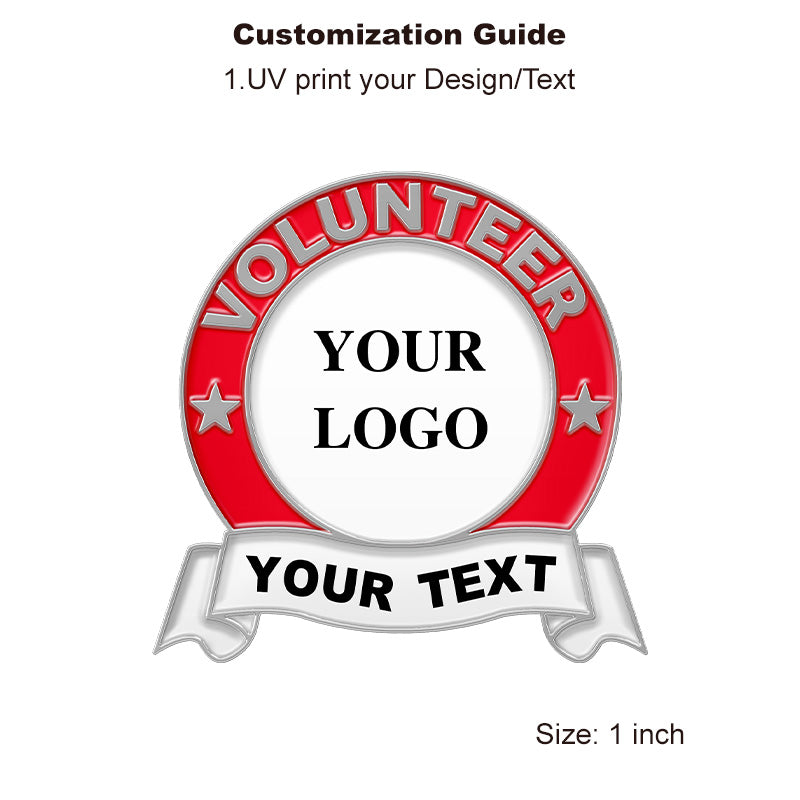 Red Enamel Volunteer Pin with Custom Round Logo - Silver