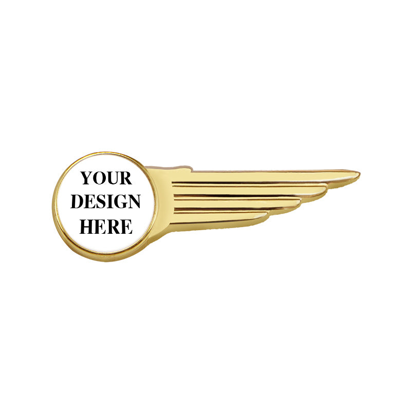 Gold Wing Pin with Custom Round Logo - Half Wing 1.75 inch