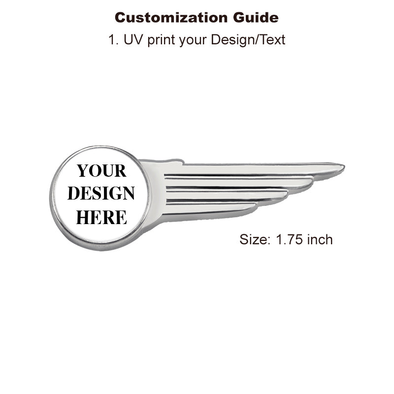 Silver Wing Pin with Custom Round Logo - Half Wing 1.75 inch