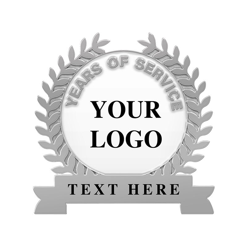 Years of Service Pins with Laurel Leaf around Custom Logo & Bottom Text - Silver Plated
