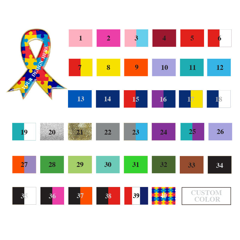 Enamel color choices for autism awareness ribbon pins, available in vibrant hues to support autism advocacy.