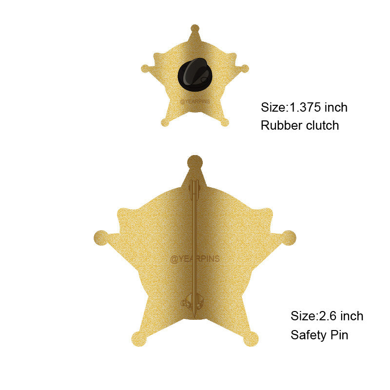 Back view of 5-point star sheriff badges in 35mm and 66mm sizes, custom badge with curved surface and sturdy pin attachments for junior or cadet units