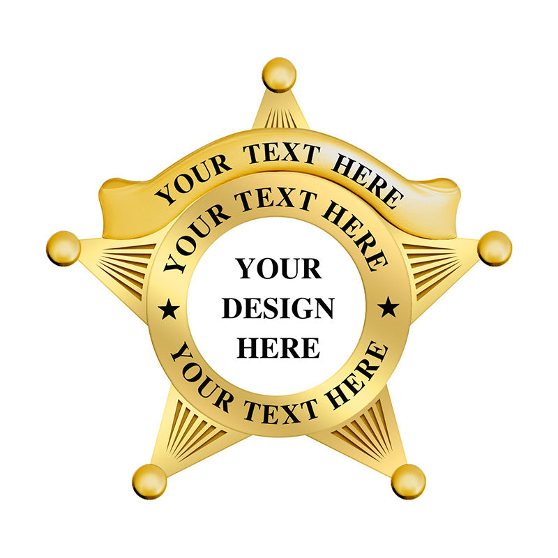 Gold 5-Point Star Badge with UV printed center, customizable edge text, perfect for junior sheriff, cadet training, or law enforcement replica badge