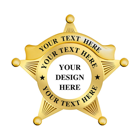Gold 5-Point Star Badge with UV printed center, customizable edge text, perfect for junior sheriff, cadet training, or law enforcement replica badge