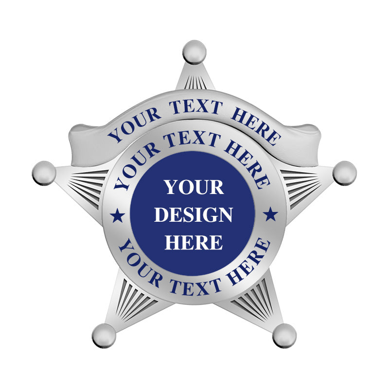 Silver Custom 5-Point Star Badge with round UV center and smooth tips, used in sheriff replica badge or youth cadet unit designs