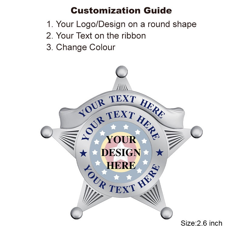 Silver Custom 5-Point Star Badge with round UV center and smooth tips, used in sheriff replica badge or youth cadet unit designs