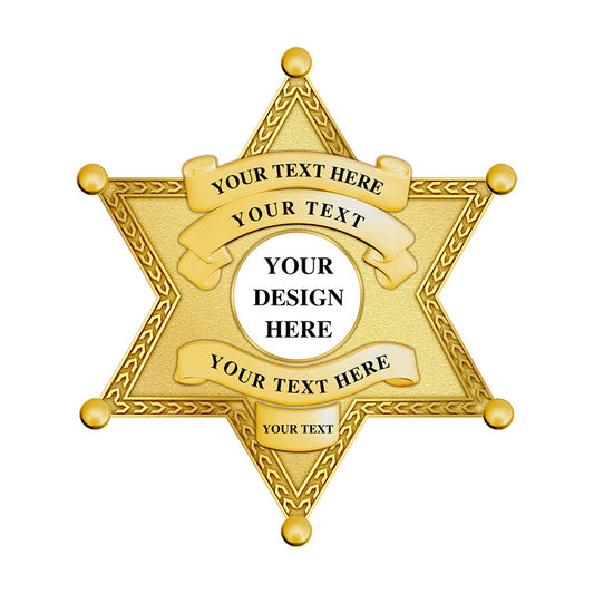 Custom Gold 6-Point Star Badge with curved points and UV seal, ideal for police star badge, replica law enforcement, or badge maker use