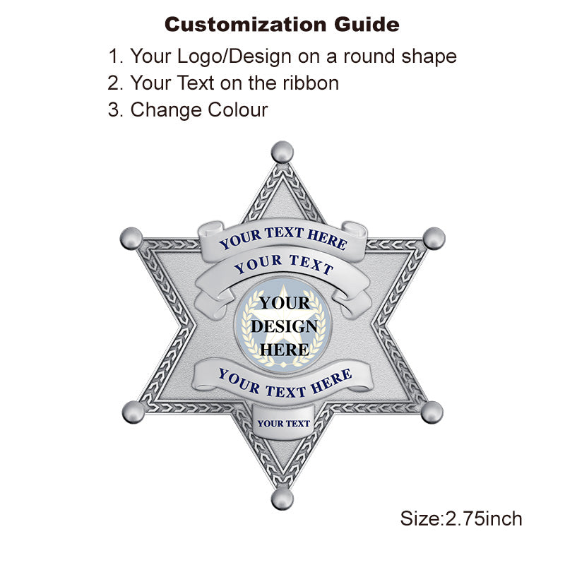 Silver 6-Point Custom Star Badge with raised edge, personalized UV seal, suitable for law enforcement-style badge or star badge customization