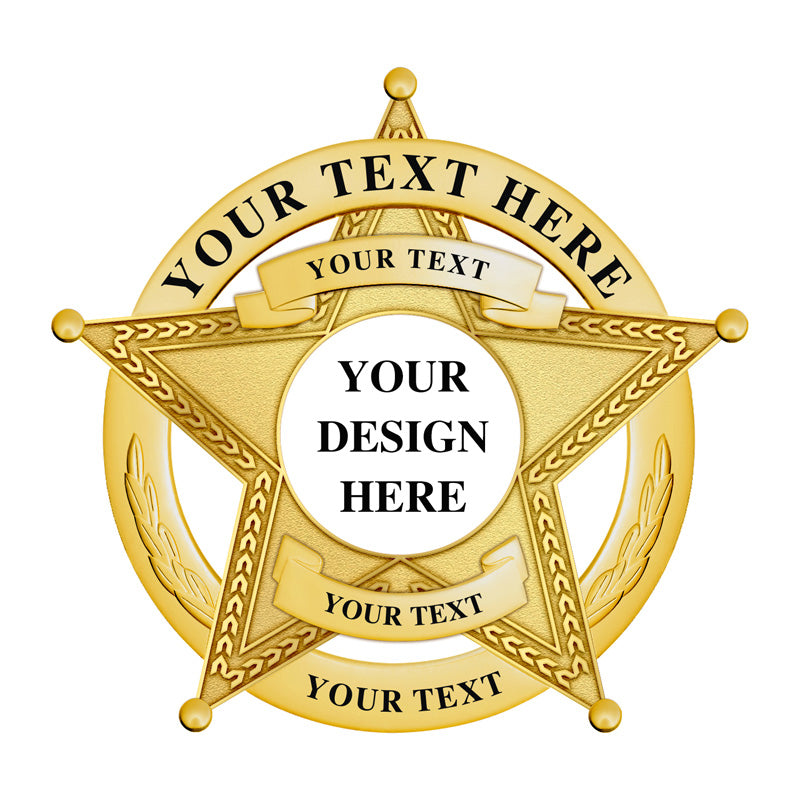 Gold Custom Sheriff Badge with 5-point star inside ring, UV seal and edge text, ideal for deputy sheriff badge or commemorative use