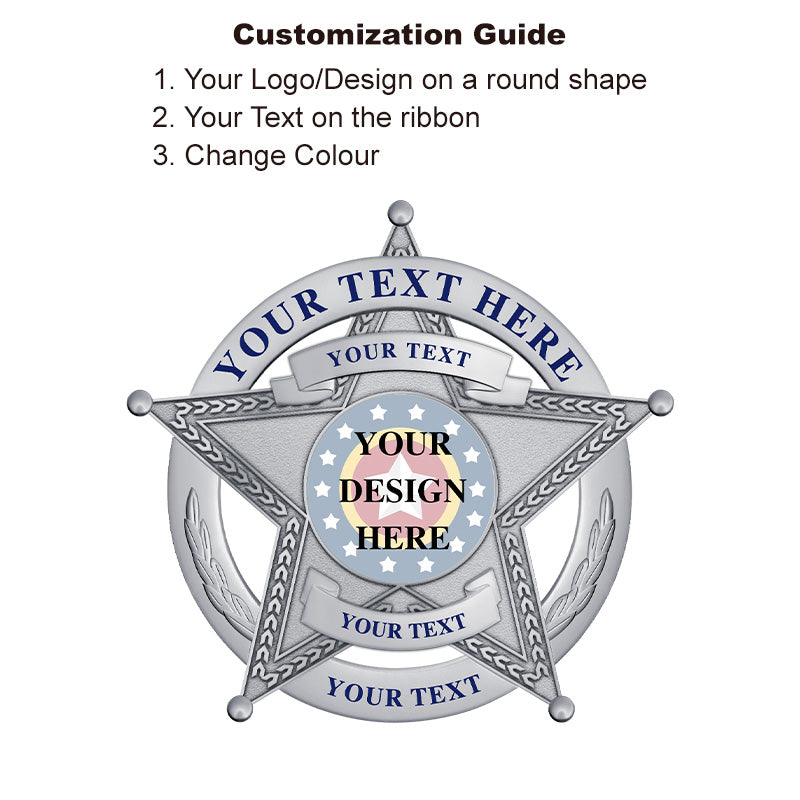 Silver Sheriff Star Badge with personalized UV center and ring, used for junior sheriff, honor badges, or replica law enforcement styles