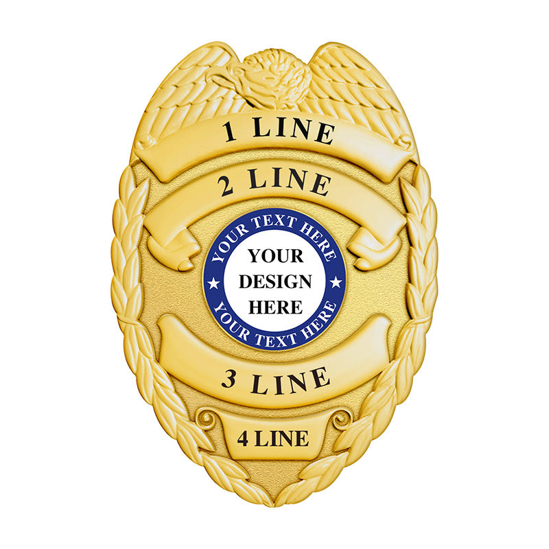 Gold Detective Badge with 3D shield frame and 4 customizable text areas, ideal for NYPD style badge, prop or greatest detective tribute