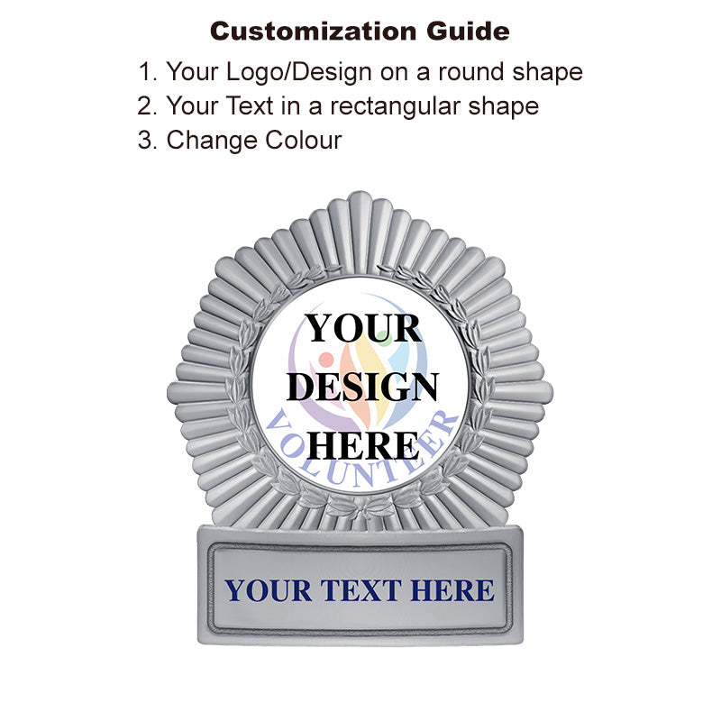 Silver Custom Sheriff Badge with sunburst rays and editable text, used for replica law enforcement badge or cadet shield commemoratives