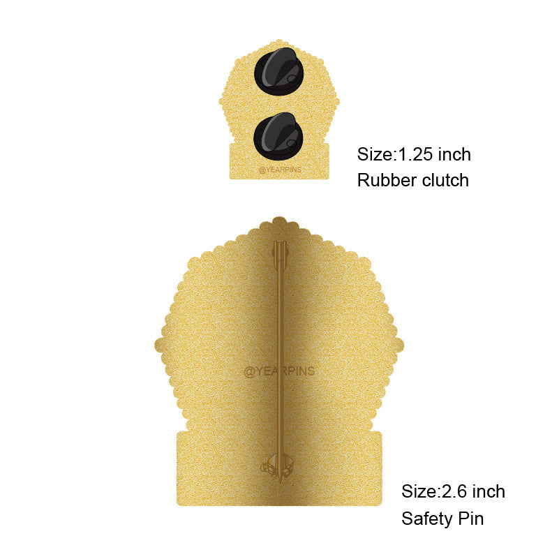 Back view of personalized sheriff badges in 29mm with rubber clutch and 66mm with safety pin, Sunburst style custom badge for junior law enforcement programs