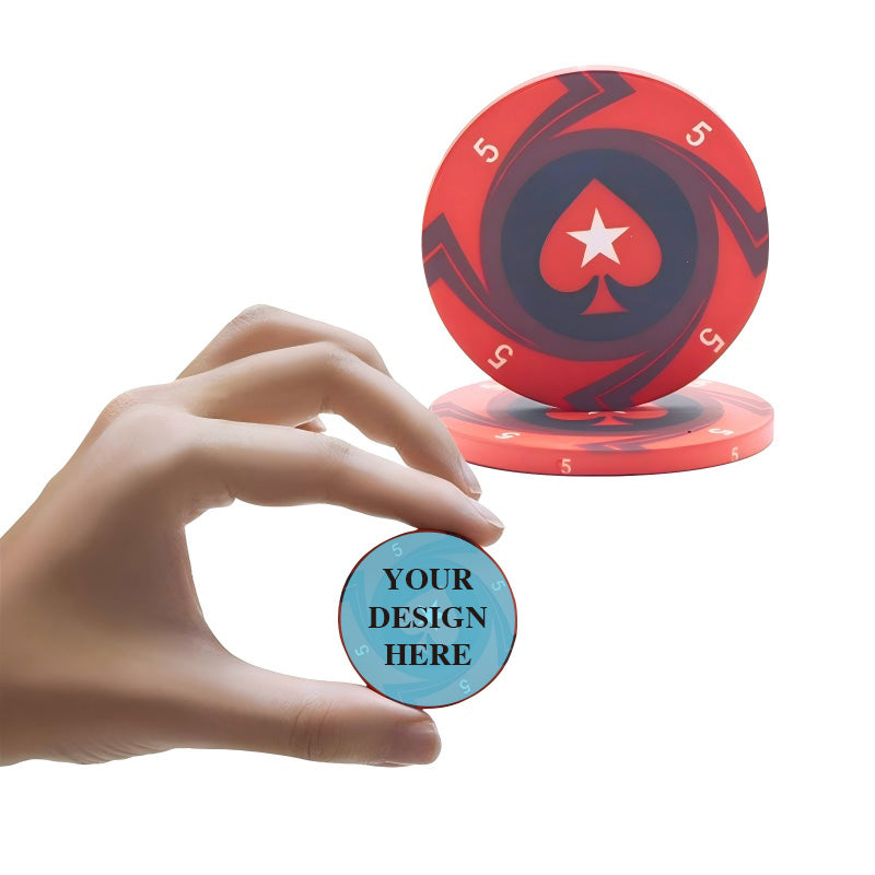 Custom poker chips with personalized design options, shown with blue and red chips for corporate events and promotional gifts.