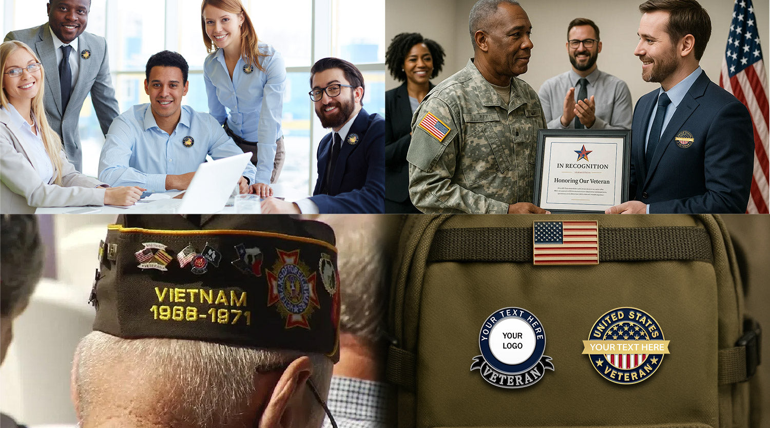 A collage for veteran recognition featuring lapel pins, service caps, and corporate award presentations