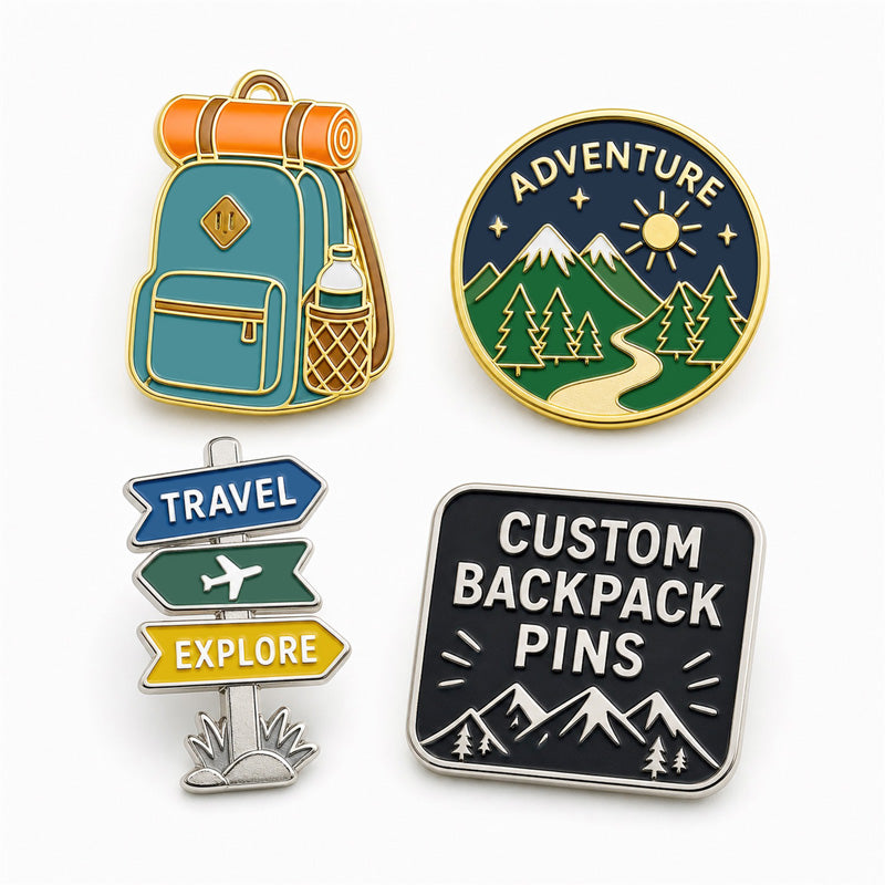 Collection of backpack pins showing custom enamel pin styles, metal finishes, and creative design options