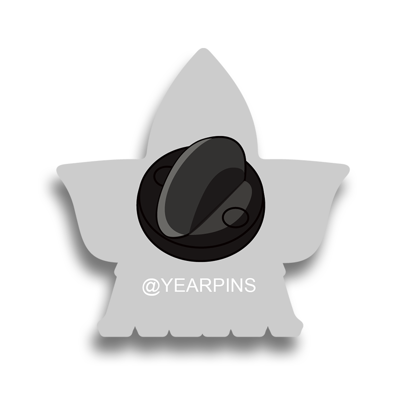 Back of a custom AKA sorority pin, showing the black clutch fastener and the @YEARPINS branding.